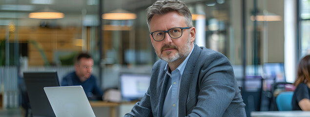 Doświadczony biznesmen w nowoczesnym biurze przy laptopie.