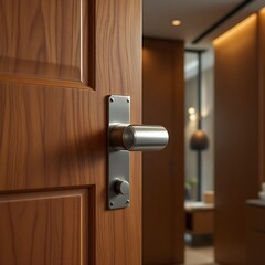 Obraz premium Open modern wooden door with sleek metal handle in the room