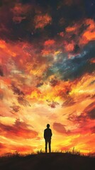 Silhouette of a man against a vibrant sunset sky