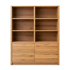 Wooden bookshelf cabinet with drawers isolated on white background