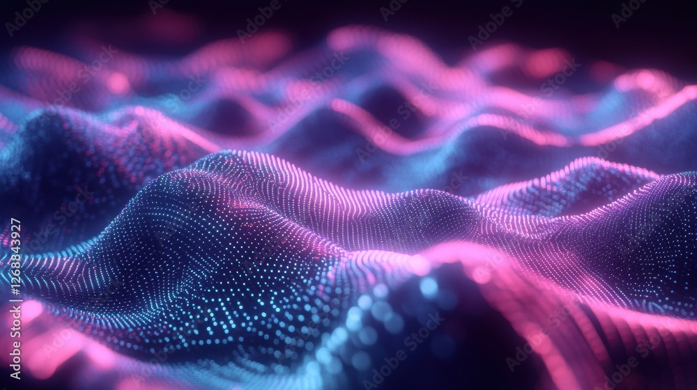 Poster Digital waves created with glowing particles in shades of blue and pink for a captivating visual experience. Generative AI