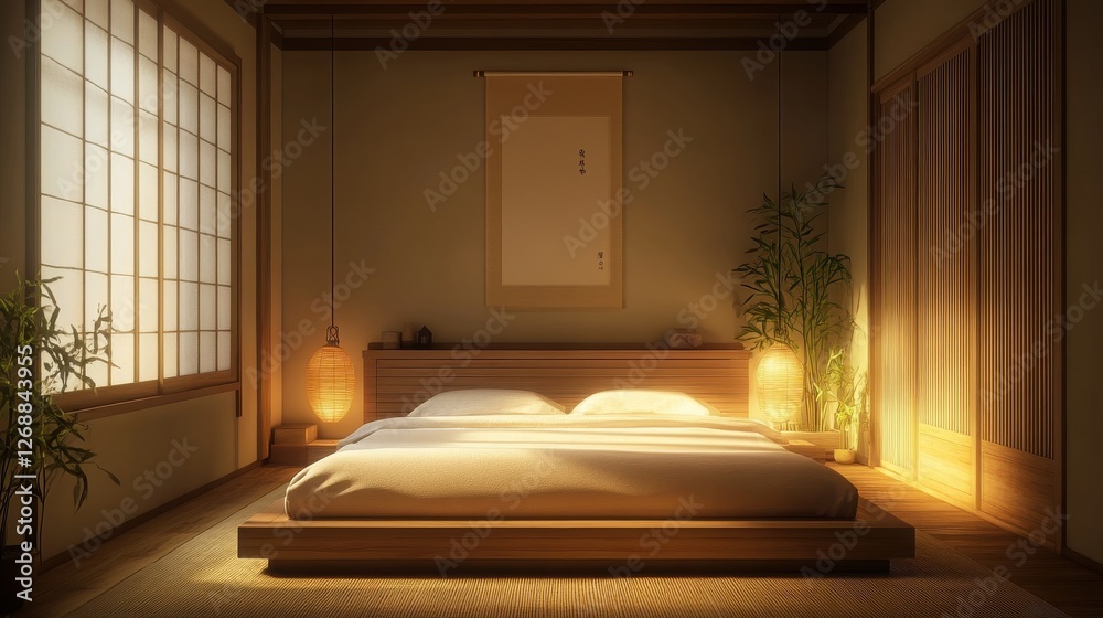 Poster minimalist bedroom with wooden elements and natural light creating a serene ambiance for relaxation 
