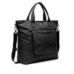 Naklejka premium Black parachute tote bag with pocket and long strap isolated on white background