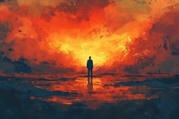 Silhouette stands against a fiery sunset in an artistic scene