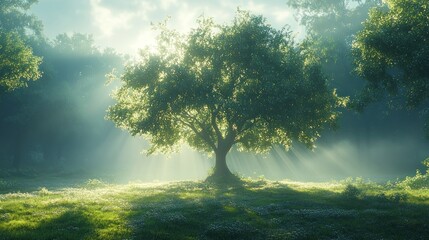 Obraz premium Sunbeams illuminate a single tree in a misty forest clearing.