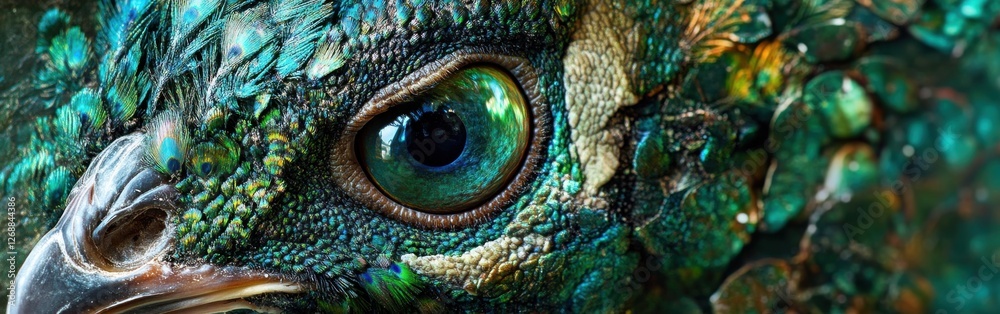 Poster detail of a peacock's face showcasing vibrant colors and intricate patterns in natural light