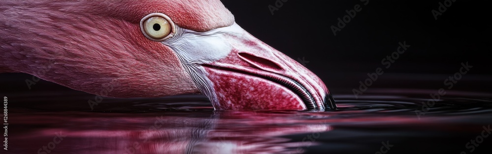 Poster macro view captures the striking details of a flamingo's face and water ripples at dusk