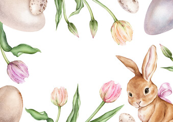 Happy Easter card with watercolor cute rabbits or bunny with light violet bow, paint eggs, spring flowers in pastel colors. Easter watercolor posters with light yellow, pink tulips for greeting card