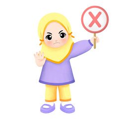 Kid carrying cross sign with no or stop hand gesture 