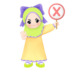 Kid carrying cross sign with no or stop hand gesture 