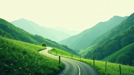 Serene Winding Road Through Lush Verdant Hills and Rolling Meadows Under a Soft Sky