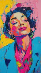 Vibrant abstract art showcasing a joyful woman immersed in electrifying colors and emotional expression