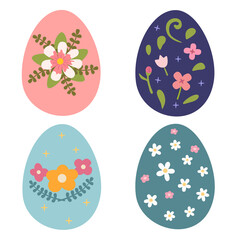 Easter decorative elements. Set of easter eggs, floral flat design on white background.