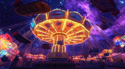 Vibrantly illuminated swing carousel against a galactic night sky