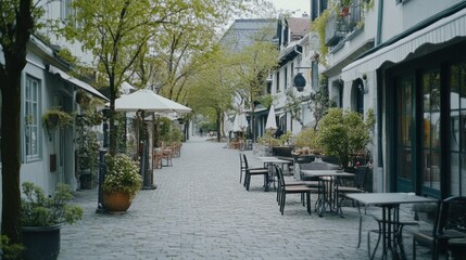 Fototapeta premium A serene outdoor dining area lined with trees and tables in a quaint setting.