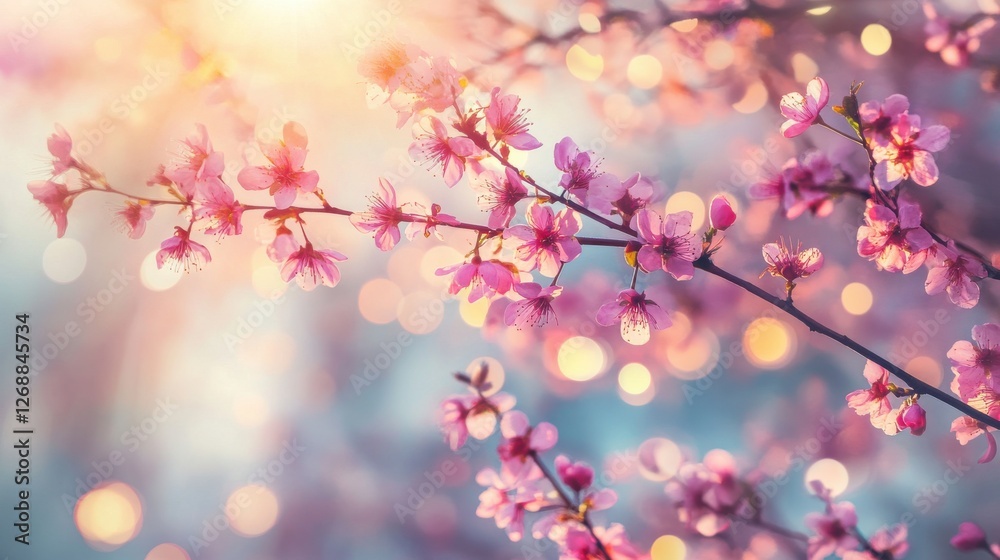 Poster dynamic double exposure capturing the vibrant essence of springtime blossoms in soft sunlight