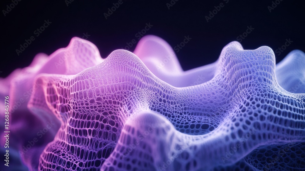 Poster Visual representation of abstract wave form in vibrant purple and blue hues showcasing intricate mesh details. Generative AI