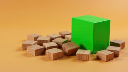 Obraz premium A vibrant green cube stands prominently amidst a scattering of natural wooden blocks, creating a visually striking contrast and suggesting concepts of unity and diversity.