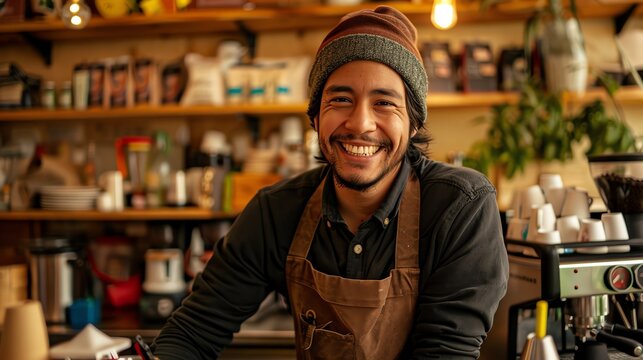 Cheerful barista wearing apron and beanie standing in coffee shop and looking at camera. Small business owner.