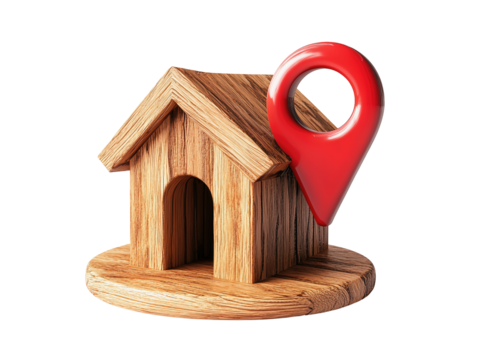 Isolated Wooden Dog House with Red Location Pin