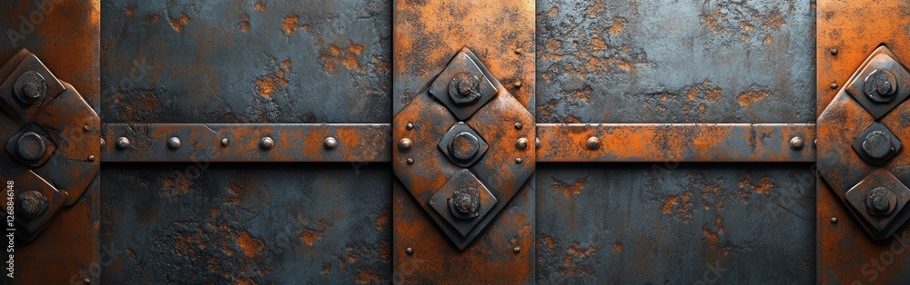 Poster Distressed metal background with rivets and rust showcasing industrial texture and design elements