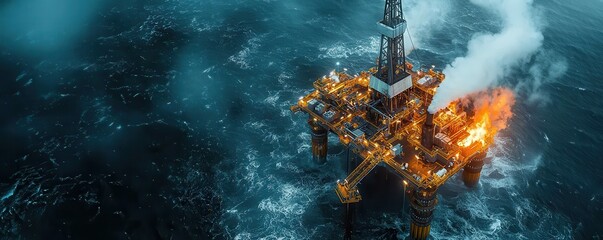 An offshore oil rig is engulfed in flames, surrounded by turbulent ocean waters, showcasing a dramatic industrial scene.