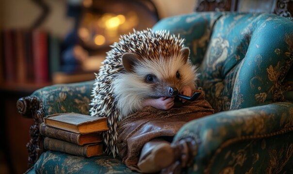 Hedgehog enjoying leisure with a pipe and books.