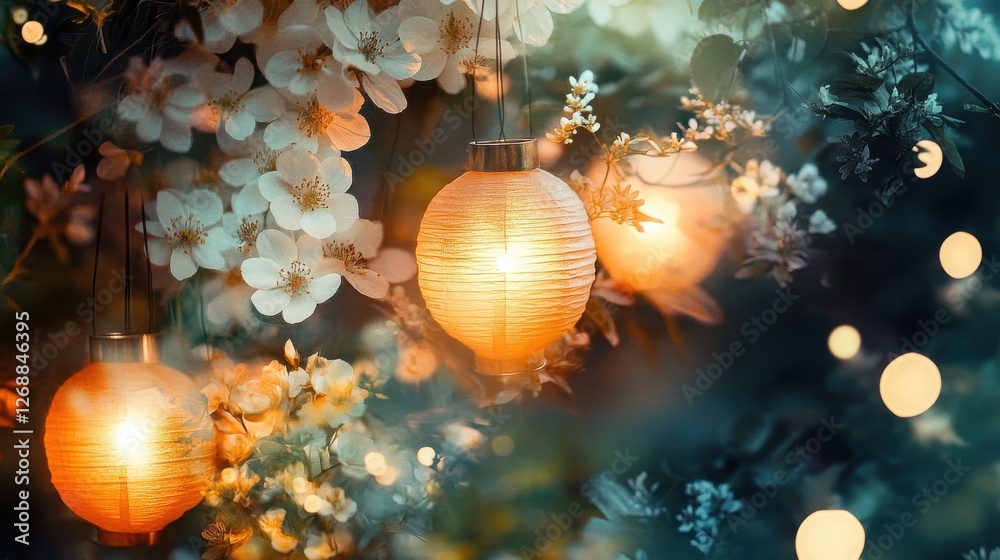 Poster creative double exposure of glowing lanterns intertwined with blooming flowers captured at dusk in a
