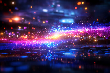Fototapeta premium Pixel Cosmos - A Pixelated Representation of the Milky Way with Glowing Squares, Fragments, and Radiant Bursts of Color Emanating from the Galactic Center and Distant Stars