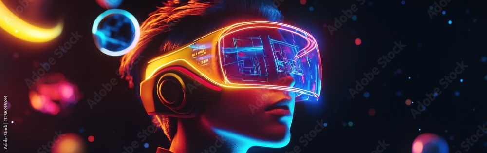 Aufkleber Conceptual representation of a futuristic designer in a virtual reality setting with vibrant colors and technological elements