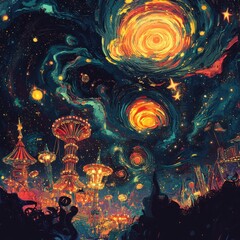 Obraz premium A fantastical city under a swirling starry night sky