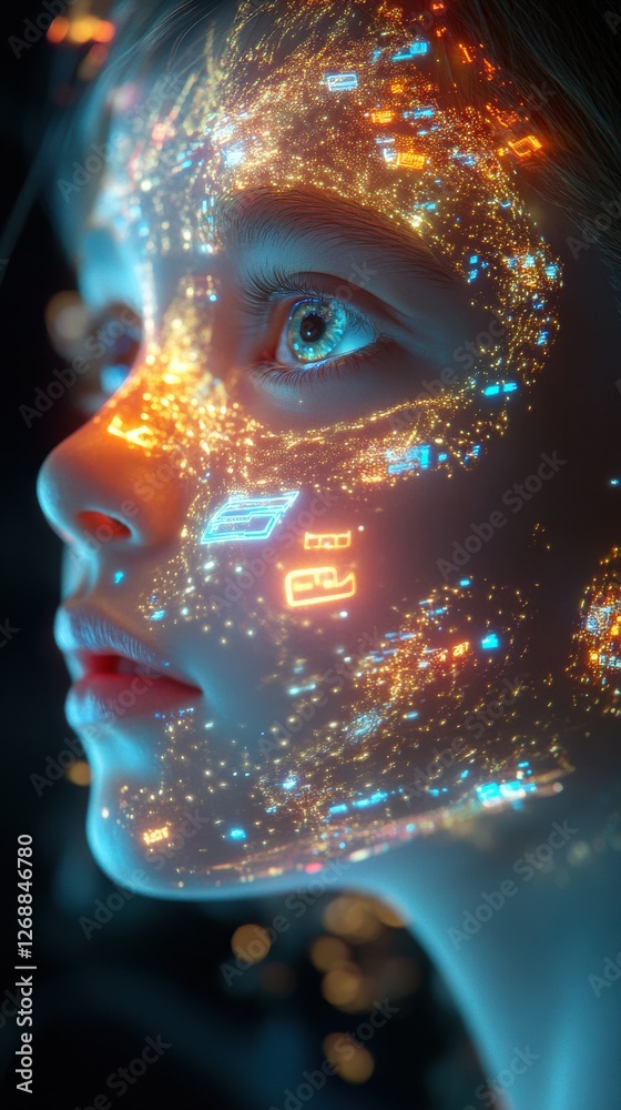 Leinwandbilder conceptual portrayal of a child's face illuminated by glowing digital patterns and lights reflecting