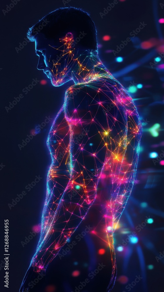 Poster Conceptual representation of a man illuminated with vibrant glowing patterns in a dark space