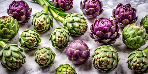 Fototapeta premium Fresh Artichokes and Green Vegetables on Marble Background