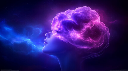 captivating double exposure portrait of woman with colorful cloud formation representing thoughts and creativity. vibrant colors evoke sense of wonder and imagination