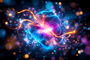 Fototapeta premium Plasma Prism Energy Flow - Abstract futuristic prism of light with swirling electric blue, neon pink, and fiery orange plasma-like energy streams creating dynamic motion