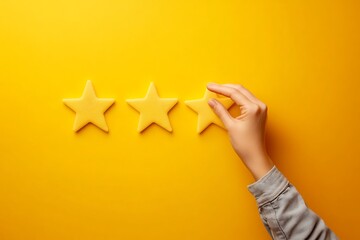 Hand Placing Fourth Star on Yellow Background:  Customer Feedback Concept