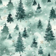 Fototapeta premium Calming watercolor doodle of evergreen trees and gentle snowfall in a serene winter landscape