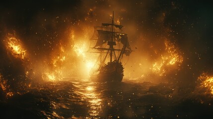 Ship engulfed in fiery inferno at sea, dramatic dark scene.
