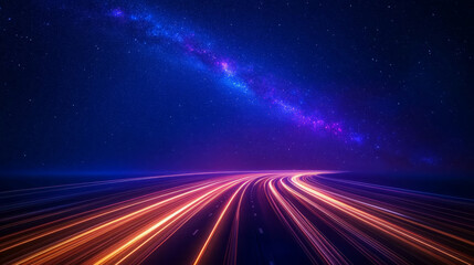 dramatic long exposure image of highway illuminated by vibrant light trails under starry night sky, showcasing beauty of motion and cosmos