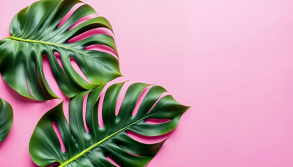 Tres hojas de monstera sobre un fondo rosa