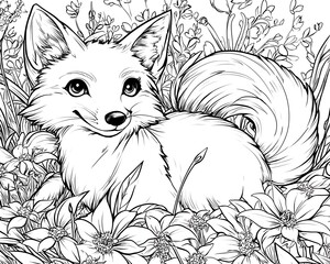 Obraz premium Cute Fox Character Surrounded by Flowers in Botanical Setting