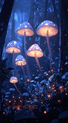 Naklejka premium Luminous mushrooms glow in an enchanted blue forest setting