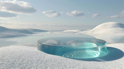 Surreal ice landscape with reflective pool
