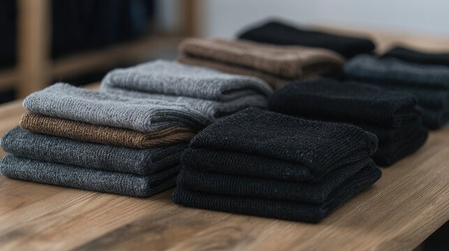 Socks neatly stacked on wooden table in store