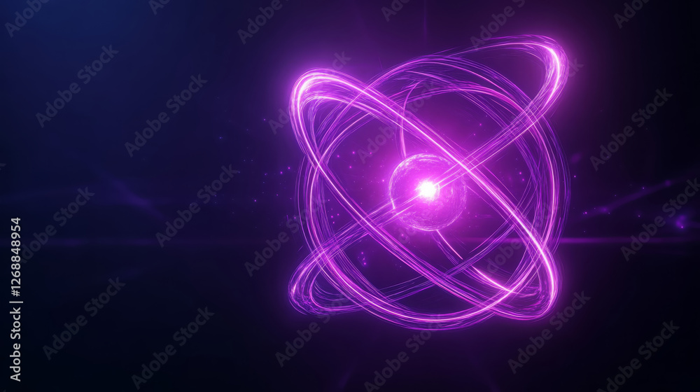 Poster glowing atomic structure with violet orbits and central nucleus, representing energy and science. th