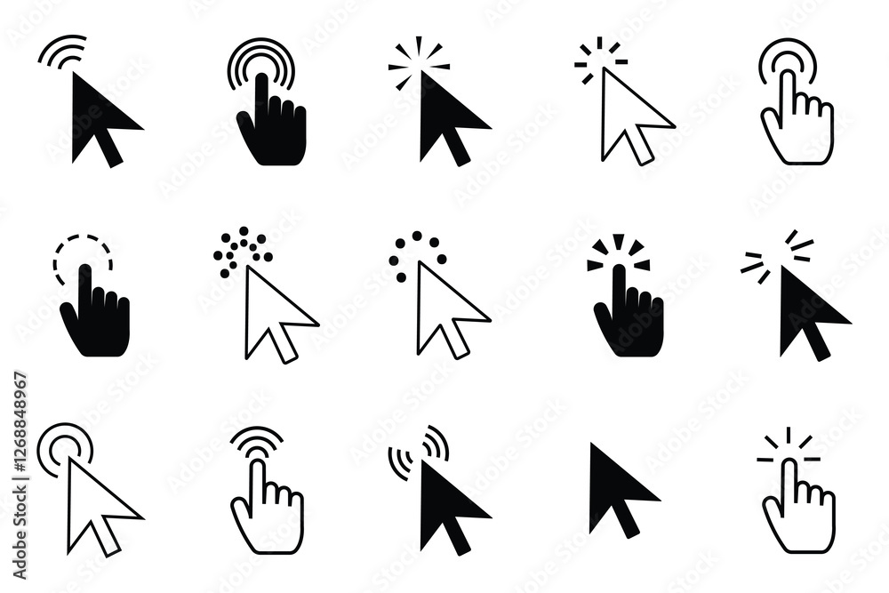 Poster mouse click cursor icon set, cursor, click icons set. click set vector. arrow and mouse forms, vecto