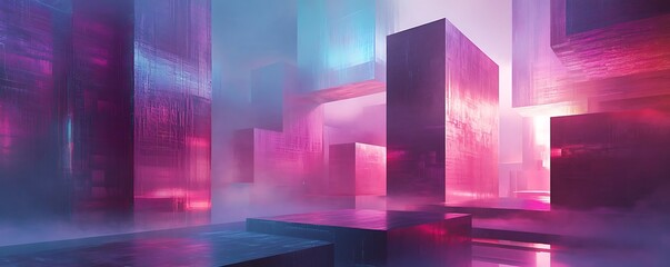 A stunning abstract digital landscape featuring vibrant geometric structures with glowing edges. The interplay of color and light creates a surreal atmosphere, evoking creativity.