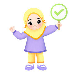 Kid carrying correct or check sign with yes or thumbsup hand gesture 