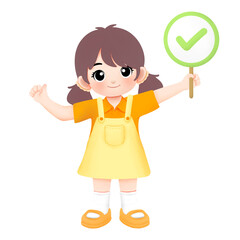 Kid carrying correct or check sign with yes or thumbsup hand gesture 